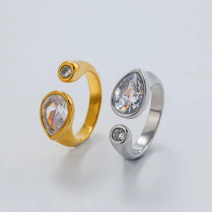 Minimalist Stainless Steel Open Ring For Women Gold Silver Plated Waterdrop Zirconia Geometric Adjustable Fashion Finger Ring
