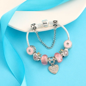 Pink crystal heart charm bracelet with crown pendant and silver snake bone chain