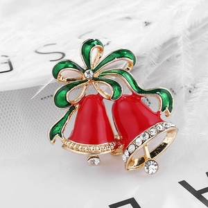 Festive Christmas Bell Brooch Pin Red Green Bow Rhinestone Alloy Enamel Jewelry Gift For Women Holiday Party Decoration