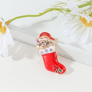 Broche Chat de Noël en Chaussette en Alliage Émail Strass Épingle Festive Bijoux Cadeau pour Femmes Hommes