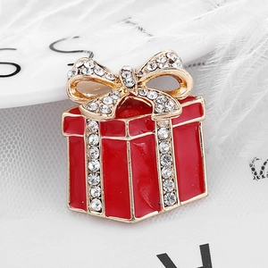 Christmas Red Gift Box Brooch Alloy Enamel Rhinestone Bowknot Brooch For Women Men Festive Party Clothes Corsage Accessories Jewelry