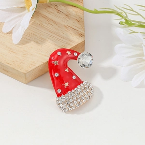 Christmas hat brooch pin with red enamel and sparkling rhinestones for festive holiday