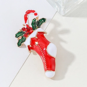 Christmas Stocking Brooch Pin Festive Enamel Candy Cane Holly Design Alloy Rhinestone Lapel Pin Jewelry Gift For Women Men Holiday