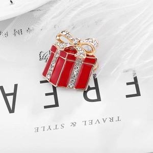 Exquisite red gift box brooch with golden bow and sparkling rhinestones for winter coats