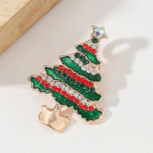 Vintage Christmas Tree Brooch For Women Gold Plated Alloy Green Enamel Rhinestone Inlaid Festive Xmas Tree Corsage Jewelry Accessories