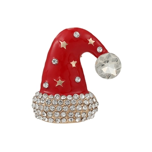 Fashionable Christmas hat brooch with red enamel and white rhinestones on gold alloy