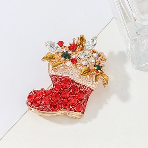 Alloy Christmas Theme Rhinestone Brooch Festive Gold Plated Sock Shaped Pin For Women Holiday Party Jewelry Accessories Gift