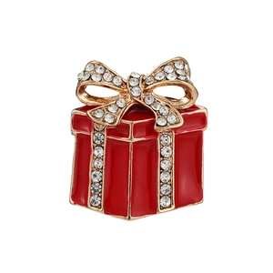 Christmas gift box brooch in red enamel with crystals for coats and bags