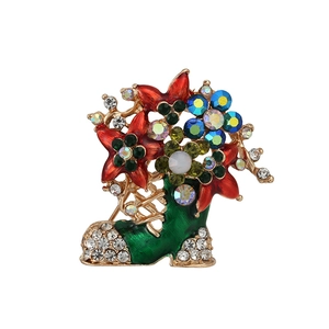 Fashionable purple Christmas stocking alloy brooch with colorful flowers and rhinestones