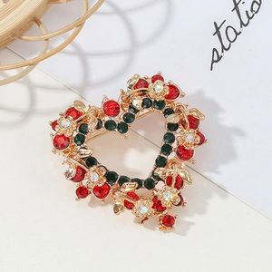 Broche Couronne de Cœur de Noël Vintage pour Femmes Luxe Alliage d'Or Strass Fleur Feuille Pin Bijoux de Fête Cadeau
