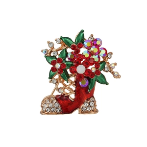 Chic Christmas stocking brooch featuring colorful rhinestones and red enamel coating