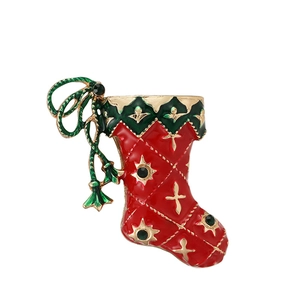 Christmas stocking brooch in red and green enamel with gold plating and rhinestones