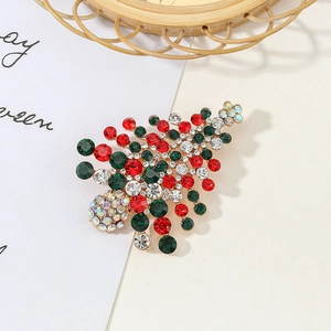 Christmas tree brooch with multi-color rhinestones on a gold-plated alloy base
