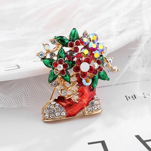 Vintage Christmas Stocking Flower Brooch Pin For Women Men Alloy Enamel Rhinestone Boot Brooch Christmas Gift Jewelry