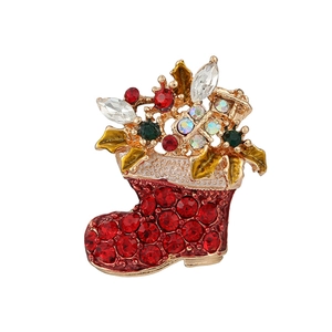 Sparkling Christmas boot brooch with red rhinestones on a gold metal base
