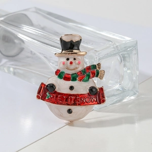 Festive Christmas snowman brooch with LET IT SNOW banner in colorful enamel alloy