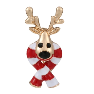 Christmas reindeer brooch with gold deer head and red white striped scarf detail