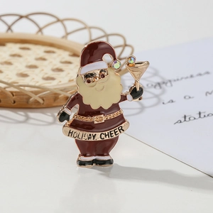 Festliche Weihnachtsmann Brosche mit Holiday Cheer Schriftzug und Kristallakzenten