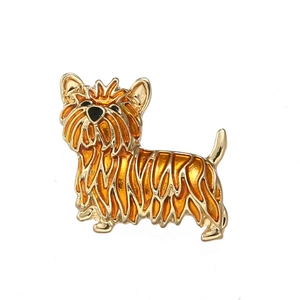 Vibrant orange enamel Yorkshire Terrier brooch with golden metallic lines in side profile