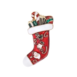 Christmas stocking brooch with Santa, snowman and deer in red enamel and gold finish