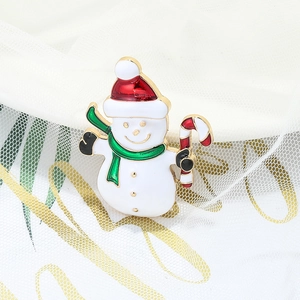 Christmas snowman brooch with colorful enamel details on a festive gold metal base