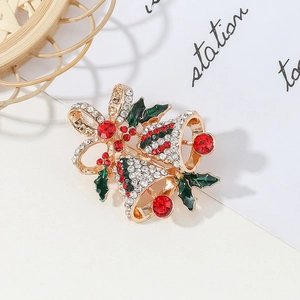 Squisita spilla con campanelli di Natale con strass colorati e fiocco dorato per le feste