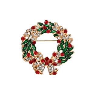 Fashionable Christmas wreath brooch with gold base and colorful rhinestones