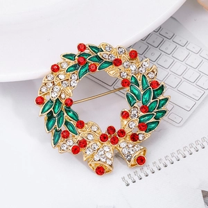 Fashion Christmas Wreath Brooch Pin With Rhinestone Alloy Bell Bow Festive Christmas Jewelry For Women Clothing Decor