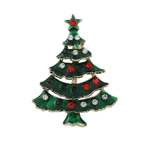 Green enamel Christmas tree brooch with colorful rhinestones and gold-plated edges