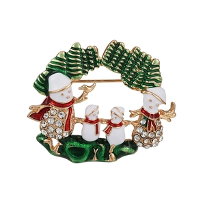 Christmas snowman family brooch with gold alloy and sparkling rhinestones for holidays