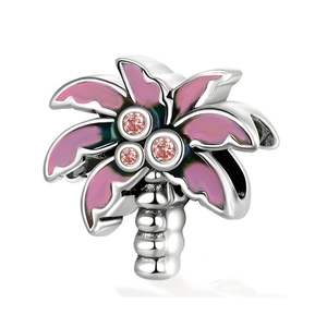 Luxurious coconut tree charm in S925 silver with pink enamel leaves and sparkling zircons