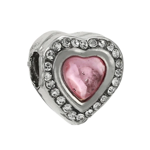 S925 sterling silver heart charm with pink marble stone and sparkling white zircons