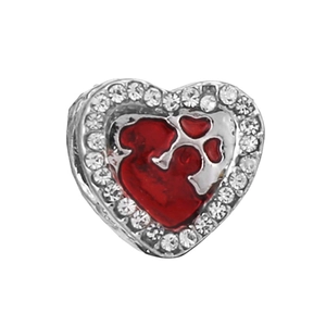 Classic silver heart charm with red enamel and pavé zircons featuring a pet paw print