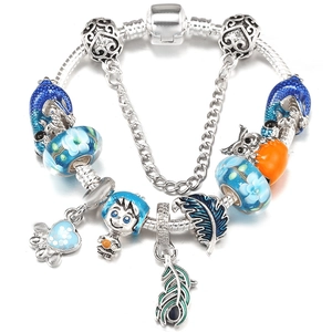 Blue Flower Lampwork Bead Charm Bracelet Alloy Snake Chain Heart Owl Boy Pendant Fashion Jewelry Gift For Women