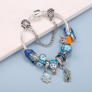 Classic cartoon boy and blue glass beads on a silver-plated DIY charm bracelet