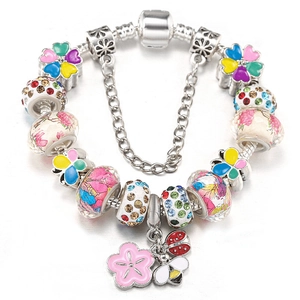 Fashion Alloy Charm Bracelet With Butterfly Bee Ladybug Pendants Pink Floral Glass Beads Snake Chain Jewelry For Women Gift