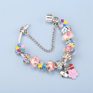 Colorful floral charm bracelet with bee, butterfly pendants and silver snake chain