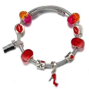 Bracelet Charm's Cœur Rouge Talon Haut Lèvres Femme Câble Argent Style Mode Urbaine Bijoux Cadeau Romantique Petite Amie