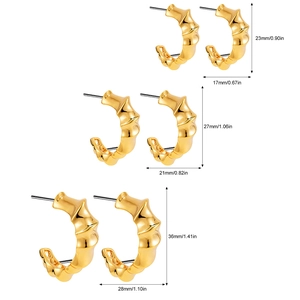 Gold stainless steel bamboo hoop earrings in three sizes with dimensional measurements
