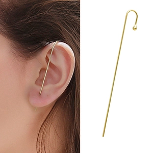 Minimalist gold ear crawler hook earring shown on model and white background
