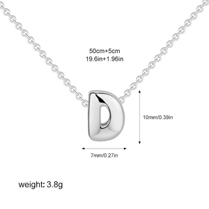 Bubble letter D pendant necklace in stainless steel with size and weight dimensions