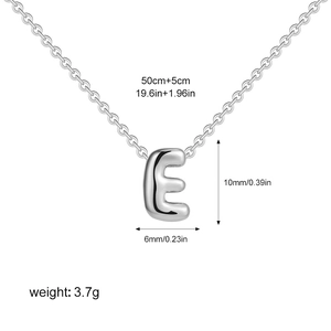 Detailed size specifications for silver bubble letter E necklace with dimensions and weight