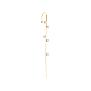 Detailed view of a long gold-plated drop earring with five sparkling cubic zirconia stones