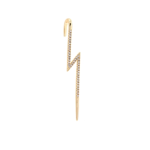 Golden lightning bolt earring with pavé-set crystals and small pearl detail on white background