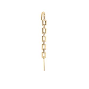 Close-up of gold chain link earring featuring white zircon micro-pave crystals