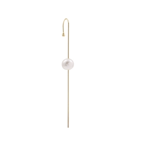 Detailed view of an elegant gold metal long ear hook featuring a large lustrous white pearl