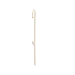 Detailed view of gold plated vertical drop earring with marquise cut zircon stone