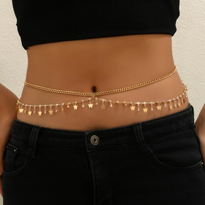 Golden double-layer body chain with butterfly pendants and crystal accents on model