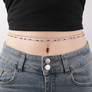 Bohemian double-layer waist chain with blue evil eye beads and golden metal fringe links