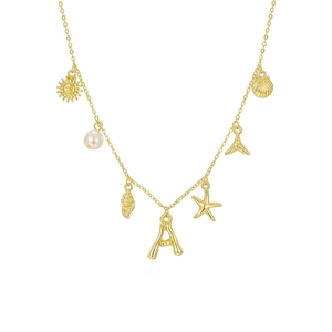 Gold stainless steel ocean charm necklace with pearl, letter A, and shell pendants